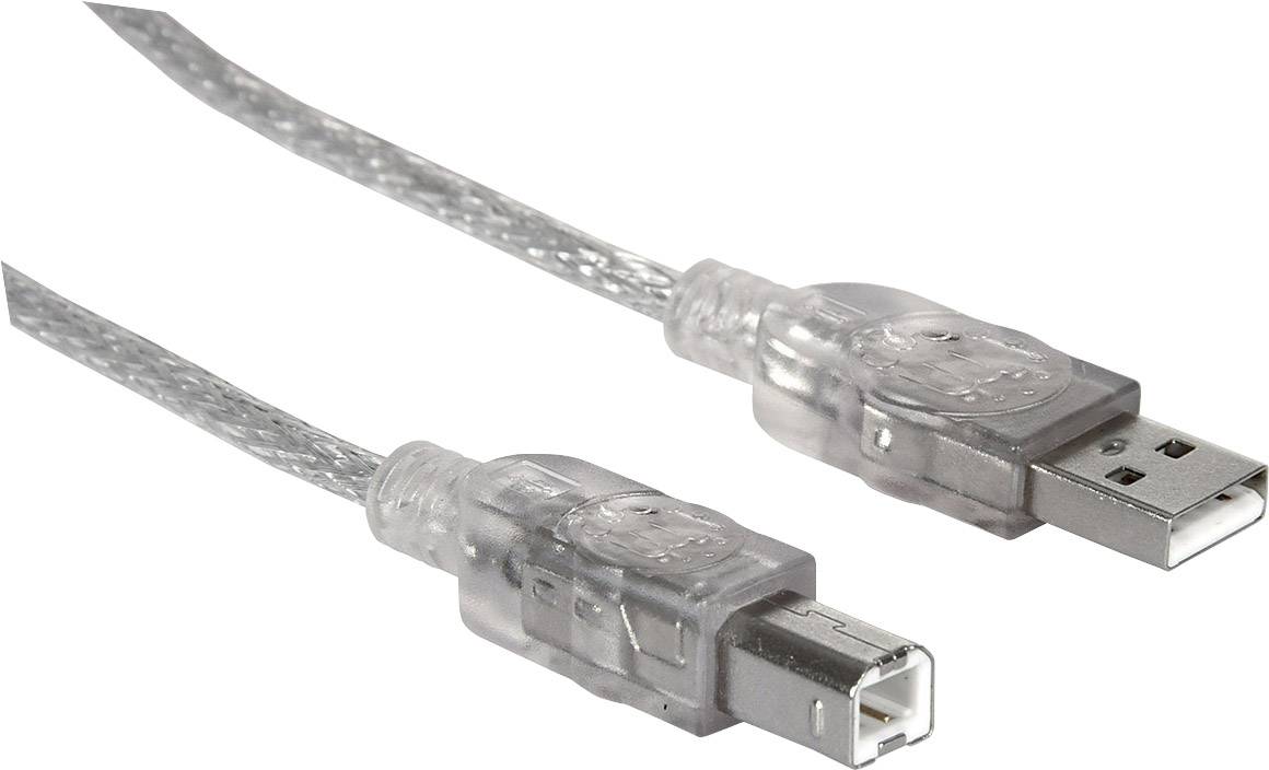 USB-Druckerkabel mit transparentem Gehäuse, einem Standard-USB-Stecker und einem quadratischen Druckerstecker, abgebildet.