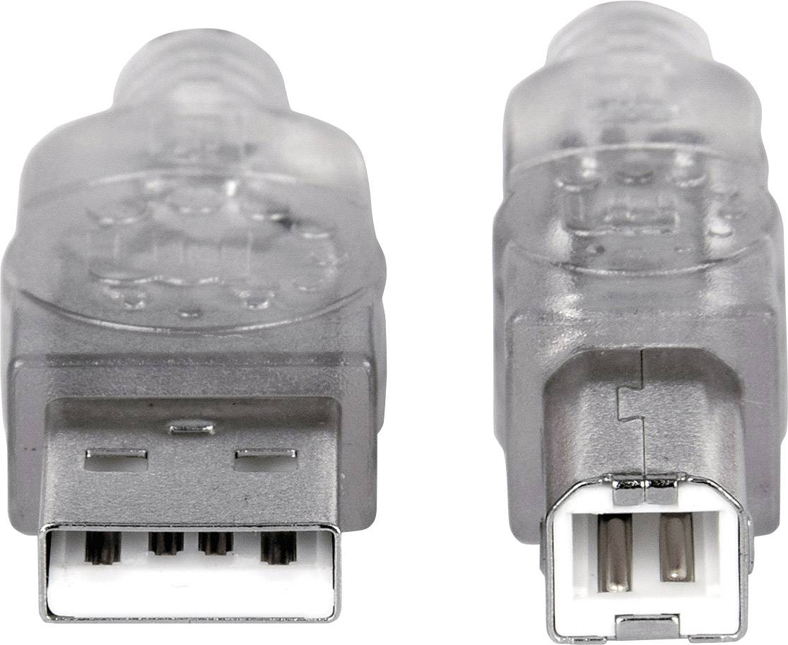 Zwei graue USB-Steckverbinder: ein flacher Typ A und ein quadratischer Typ B.