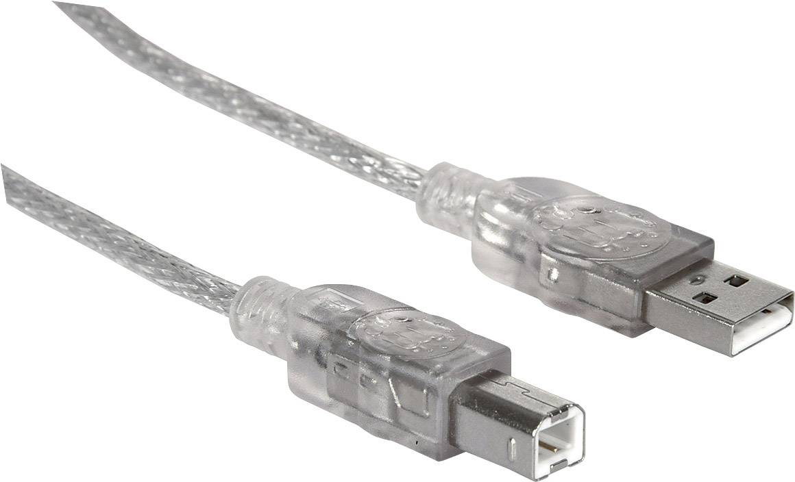 USB 2.0 Kabel mit durchsichtigem Design, einem rechteckigen USB-A-Stecker auf der einen und einem quadratischen USB-B-Stecker auf der anderen Seite.