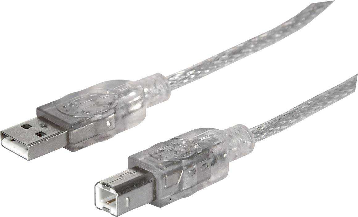 Durchsichtiges USB-Kabel mit einem Standard-USB-Stecker und einem quadratischen USB-B-Stecker zur Verbindung von Peripheriegeräten.