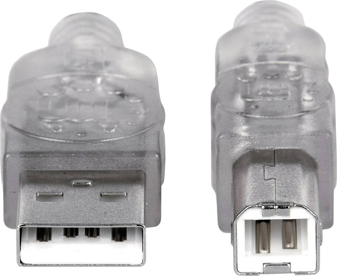 Zwei graue USB-Stecker, links ein männlicher USB-A-Stecker, rechts ein männlicher USB-B-Stecker, auf weißem Hintergrund.