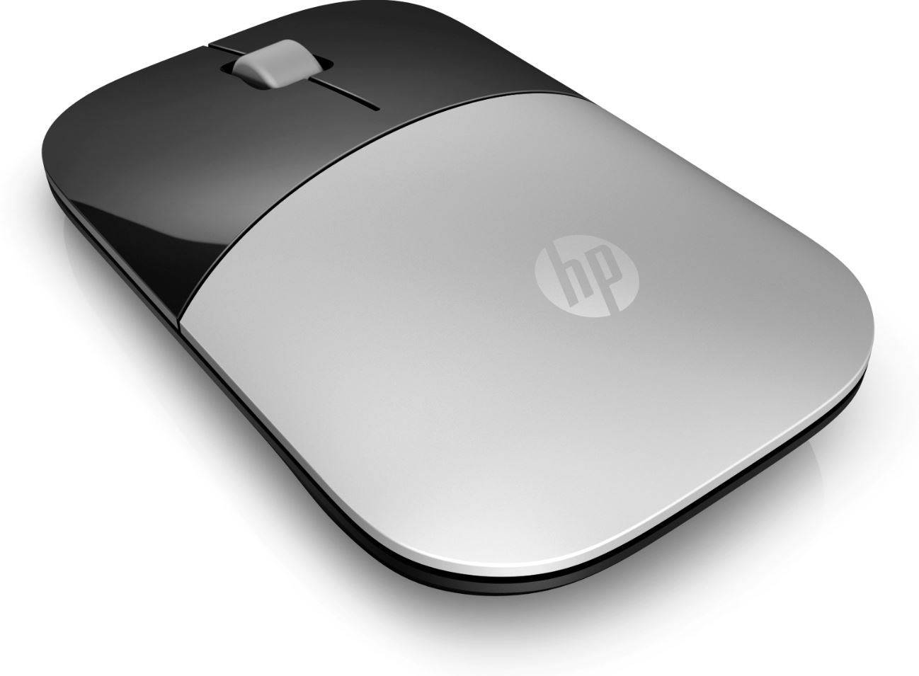 Eine kabellose HP-Maus in glänzendem Schwarz und Silber mit einem Scrollrad.