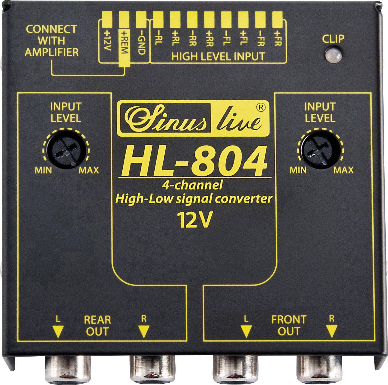 'Sinus live HL-804' High-Low-Signalwandler mit vier Kanälen und 12V. Zeigt Eingangspegelregelung, Anschlüsse und Clip-Anzeige.