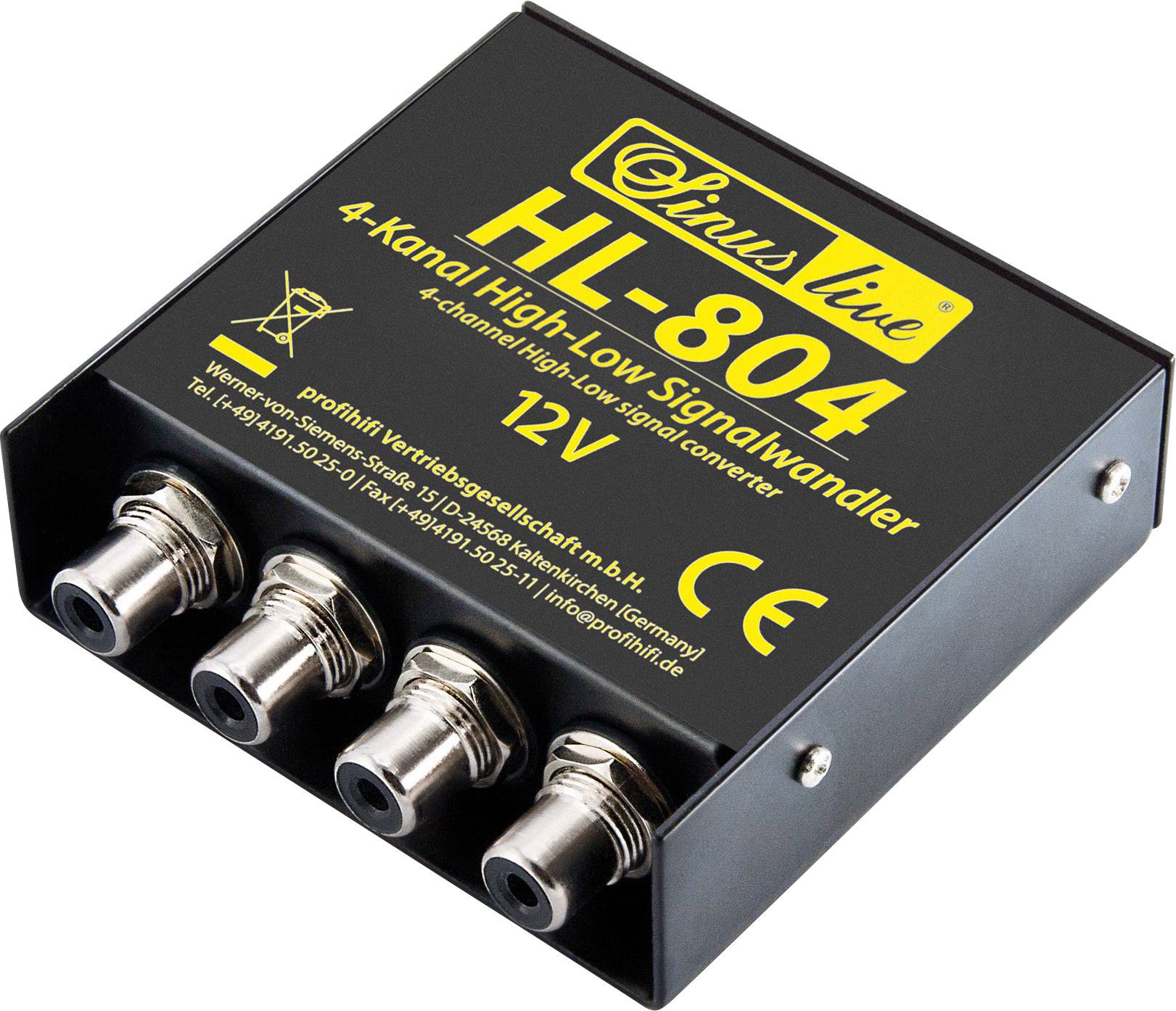 'Sinuslive HL-804' 4-Kanal High-Low-Signalwandler, 12 V, mit vier Cinch-Anschlüssen, schwarzes Gehäuse mit gelbem Aufkleber.