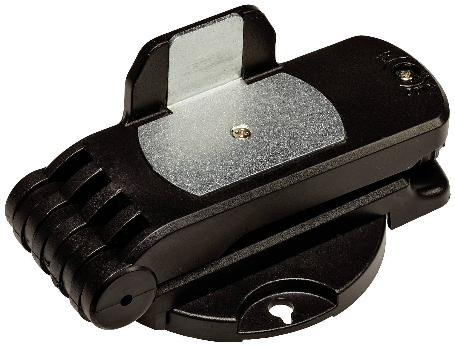 Ein schwarzer Kamerahalter mit einem Metallclip und Schraube, geeignet zur Befestigung an Helmen oder anderen Oberflächen.
