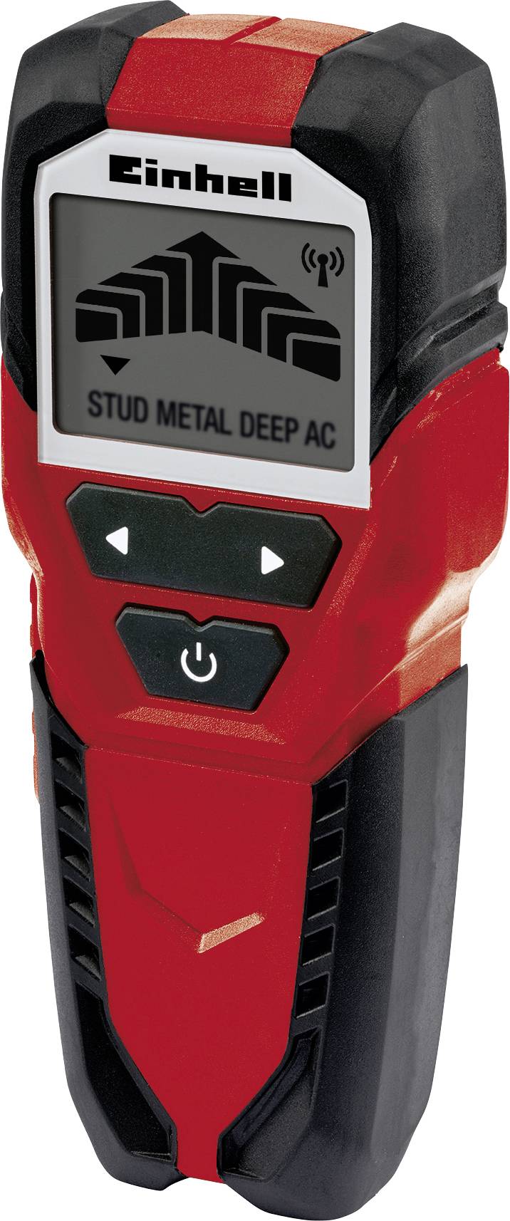 Ein rotes elektronisches Messgerät mit Display zeigt 'STUD METAL DEEP AC'. Es hat schwarze Bedienelemente mit Pfeiltasten.
