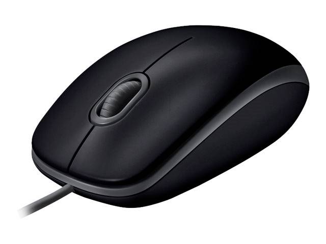 Eine schwarze Computermaus mit Kabel, kompakt und ergonomisch geformt, geeignet für den alltäglichen Gebrauch am Computer.