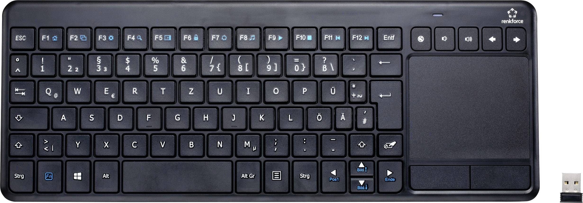 Renkforce MT-1006 Funk Tastatur, Touchpad Deutsch, QWERTZ Schwarz Integriertes Touchpad, Maustasten, Multimediatasten