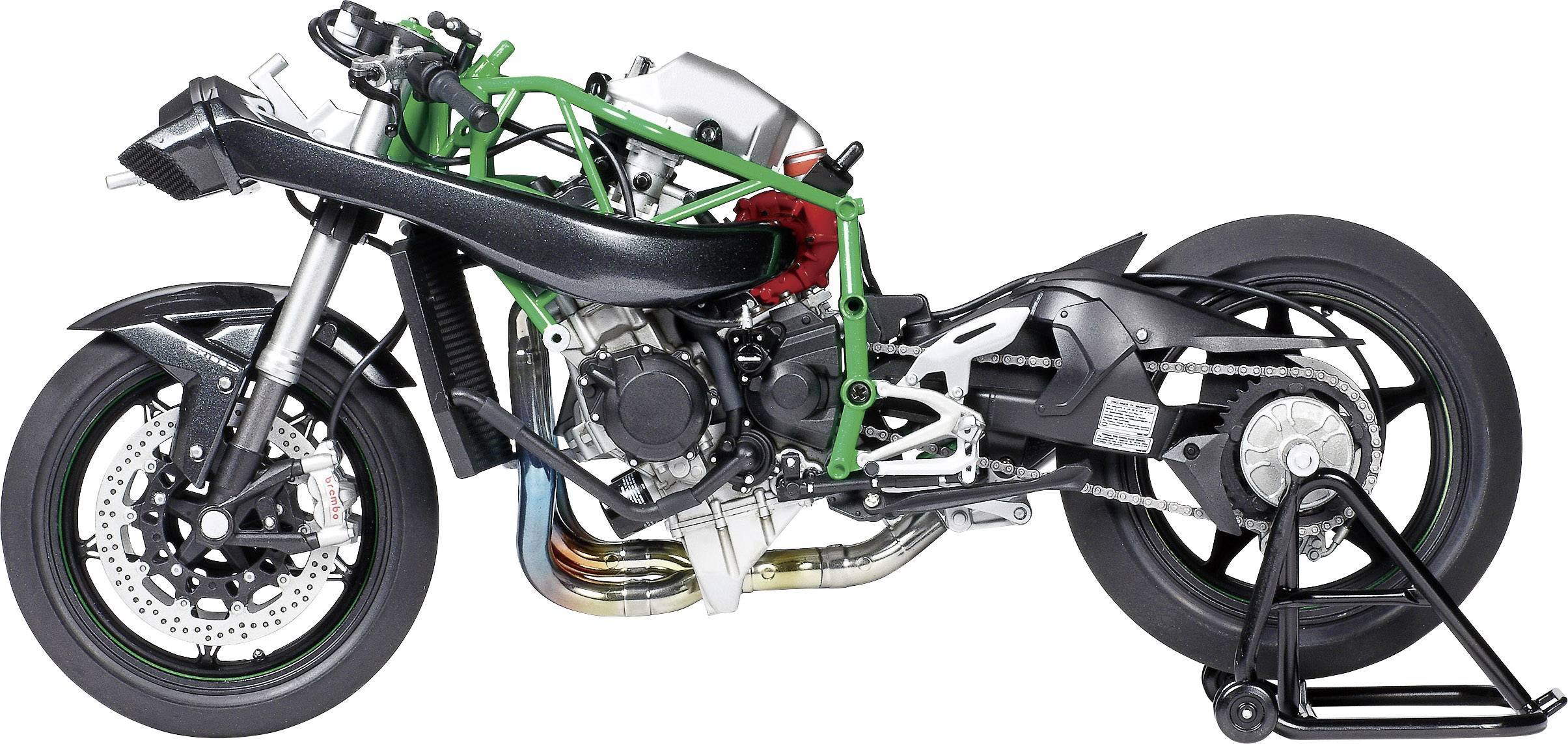 Ein Motorradrahmen ohne Verkleidung zeigt Motor, Auspuff und Hinterrad. Die Struktur und Mechanik sind klar sichtbar.