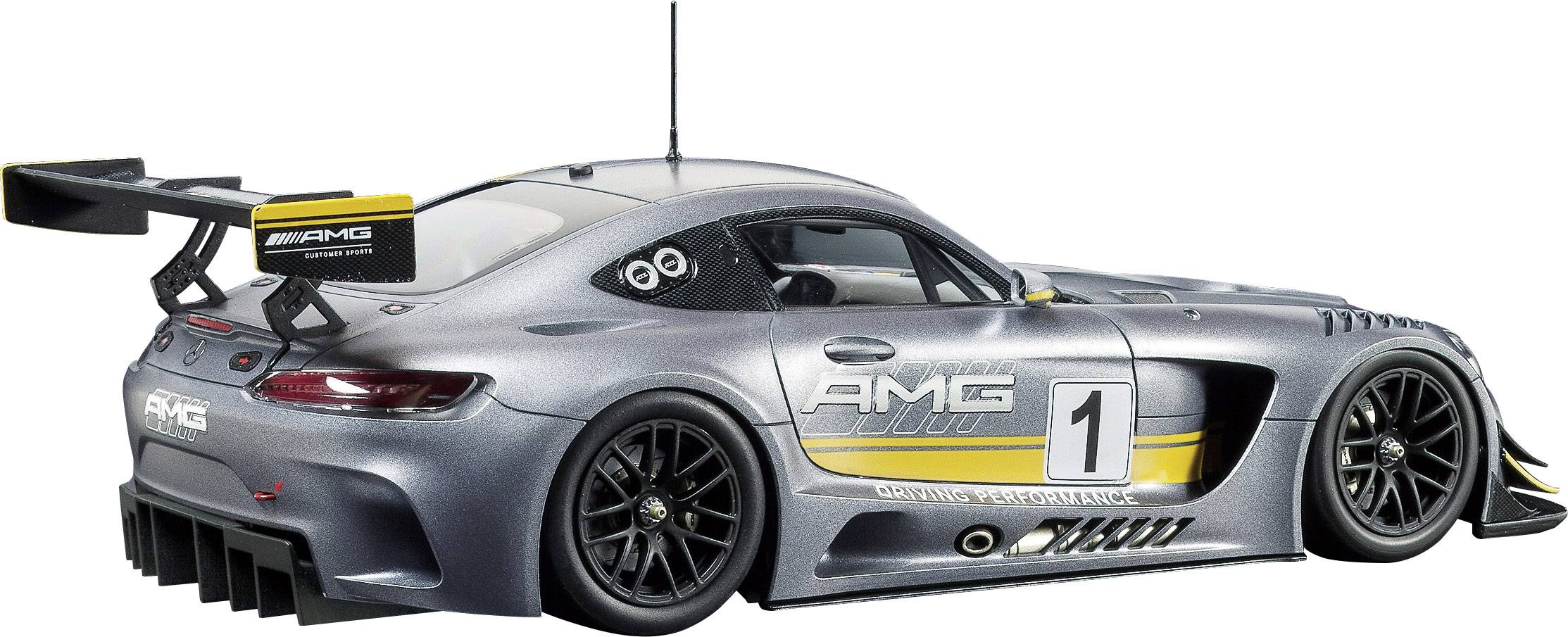 Silberner Rennwagen mit der Aufschrift 'AMG' und der Nummer '1' auf der Tür, mit großem Heckspoiler, steht auf einem neutralen Hintergrund.