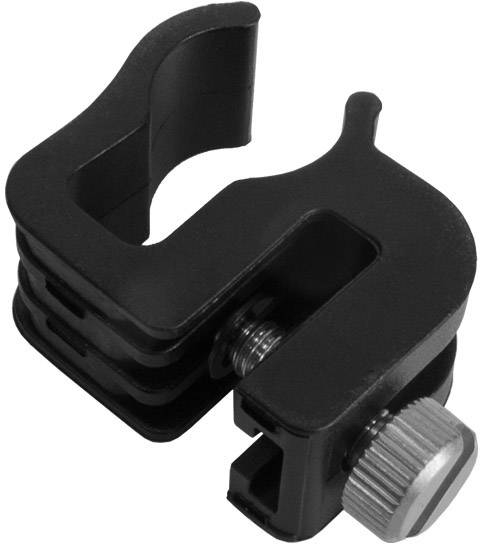 Schwarze Halterungsklemme mit drehbarer Metallschraube, geeignet zur Befestigung oder Fixierung an runden Objekten.