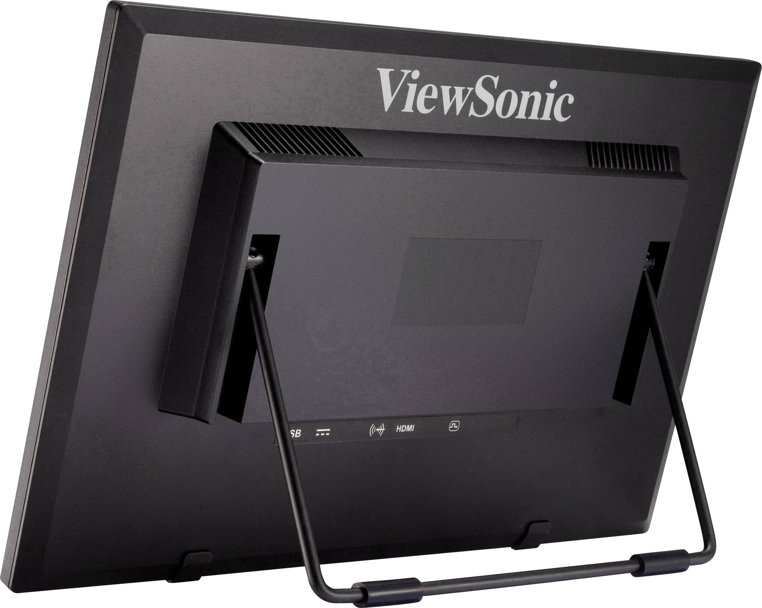 Rückansicht eines ViewSonic Monitors mit Standfuß, zeigt HDMI- und USB-Anschlüsse.