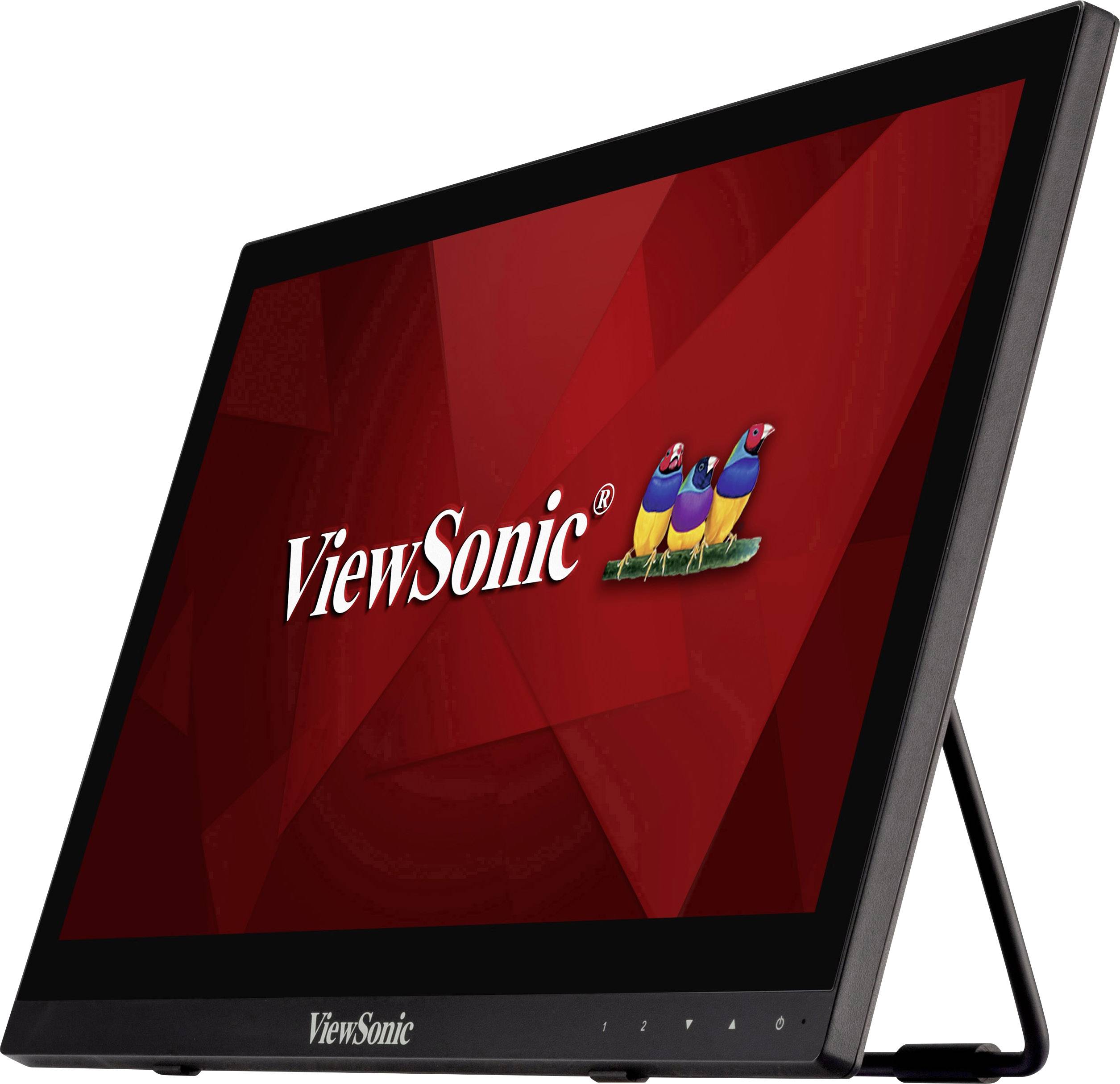 Ein tragbarer Monitor mit schwarzen Rahmen zeigt ein großes, rotes Hintergrundbild mit dem 'ViewSonic'-Logo und drei bunten Vögeln.