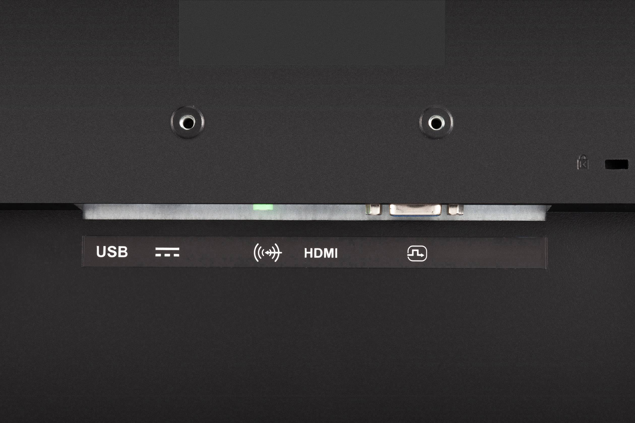 Rückseite eines Geräts mit Anschlüssen: USB, kabelloses Symbol und HDMI-Anschluss.