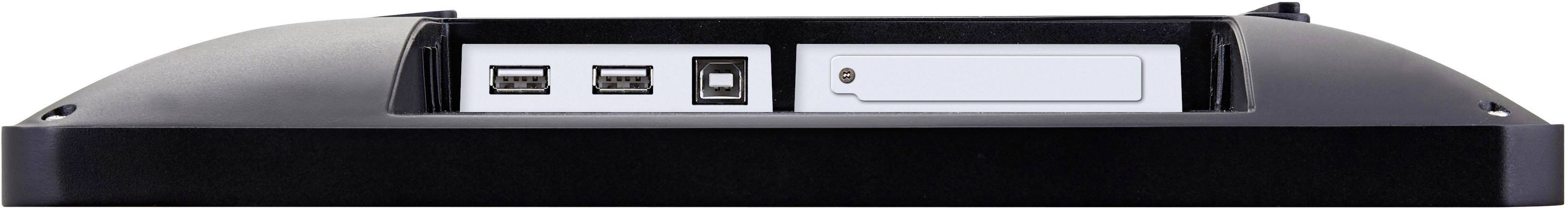 Rückseite eines Computers mit zwei USB-Anschlüssen, einem quadratischen Anschluss und einem leeren Rechteckfeld.