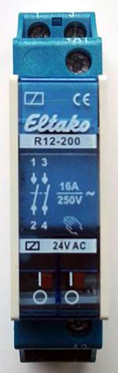 Ein blauer elektrischer Schalter mit der Aufschrift 'Eltako R12-200', '16A 250V' und '24VAC'. Dient zur elektrischen Steuerung.
