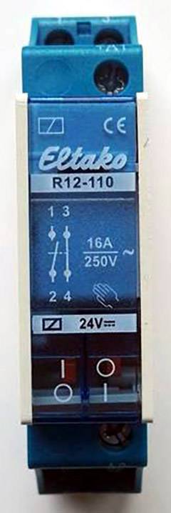 Ein blauer Eltako R12-110 Relais. Zeigt Symbole für ein 16A, 250V, 24V Betrieb. Enthält Schaltdiagramm und CE-Kennzeichnung.