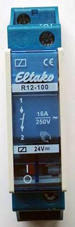 Ein blauer Eltako R12-100 Stromstoßschalter für 16A und 250V mit CE-Kennzeichnung. Zeigt Kontaktdiagramm und 24V-Spulenstrom.