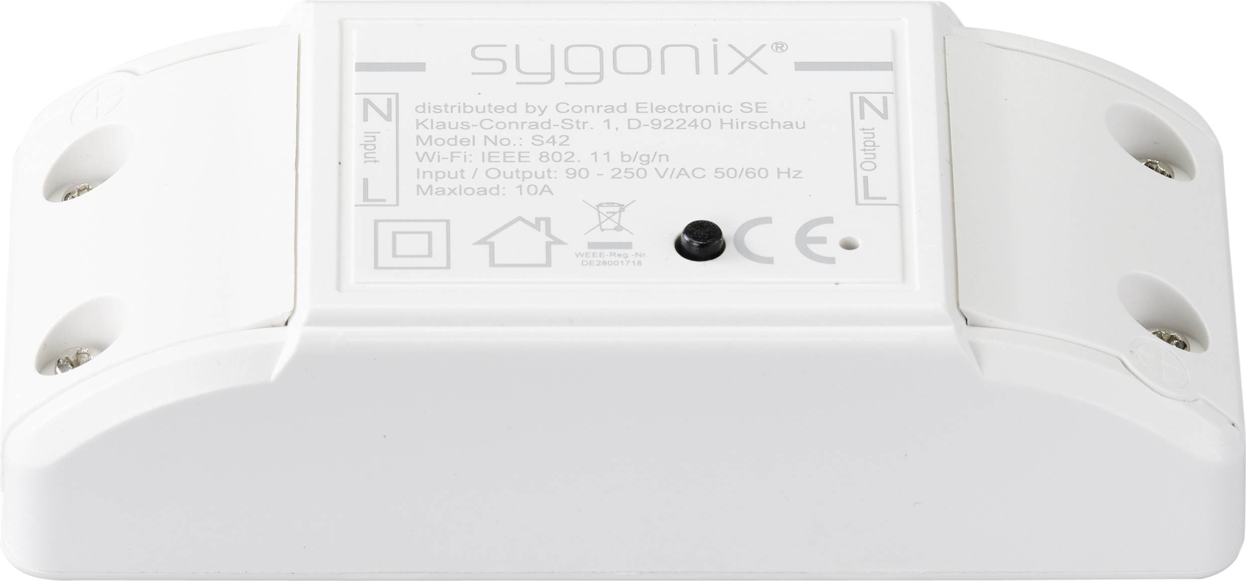 Ein weißer WLAN-Schalter von Sygonix, Modell 342, geeignet für 90-250 VAC, 50/60 Hz, maximal 10A. Unterstützt IEEE 802.11 b/g/n.