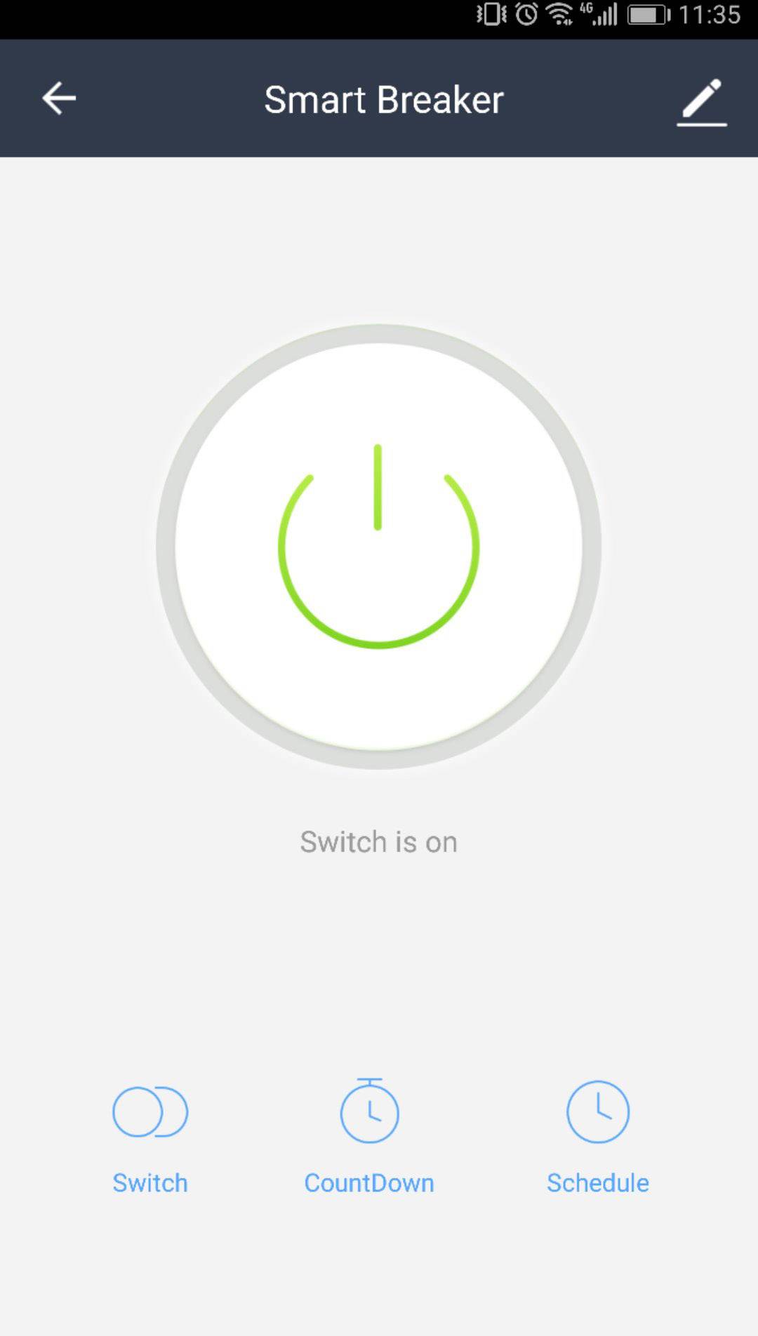 Anzeige einer App zur Steuerung eines smarten Schalters. Der Schalter ist gerade eingeschaltet. Unten: Optionen 'Switch', 'Countdown', 'Schedule'.