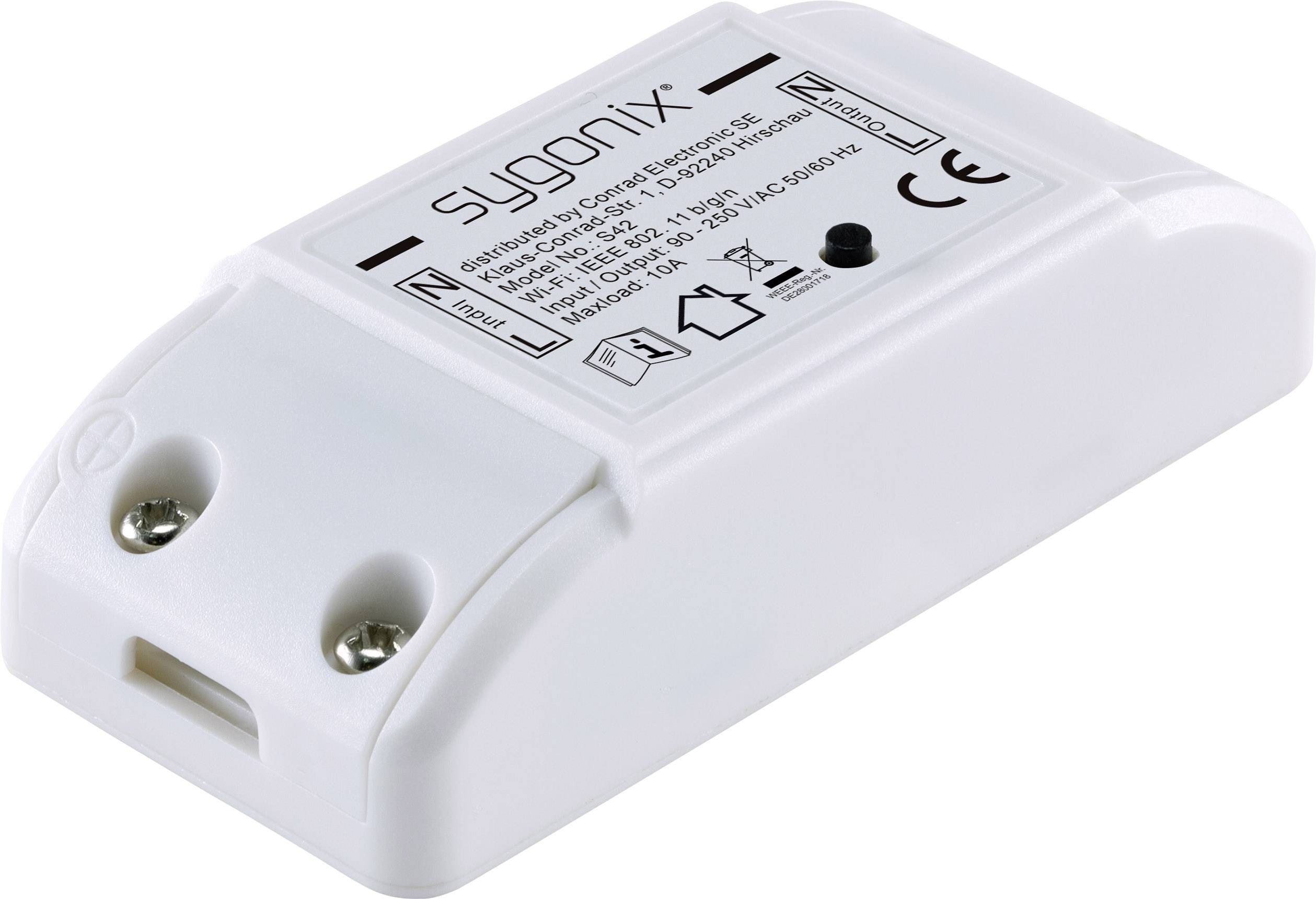 Ein weißer elektrischer Schalter mit der Aufschrift 'sygonix' und technischen Spezifikationen auf der Oberseite, zwei Schraubanschlüsse.