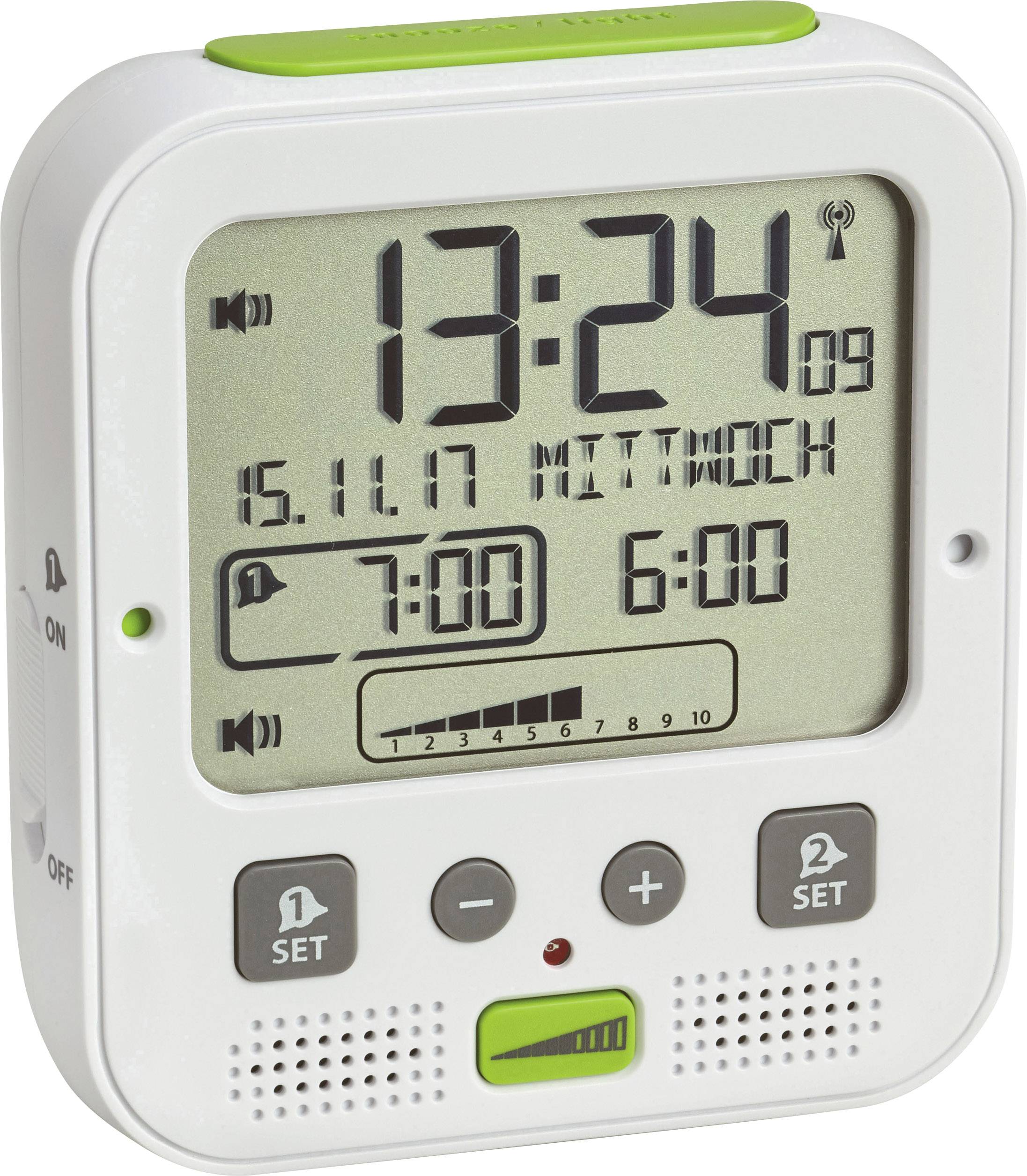 Elektronische Küchenuhr mit großem Display zeigt '13:24' und 'Mittwoch' an. Uhrzeit, Datum und zwei Timer-Optionen sichtbar.