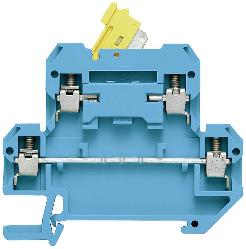 Ein blauer, modularer Druckklemmenblock mit Metallfedern und einem gelben Hebel, der für elektrische Verbindungen verwendet wird.