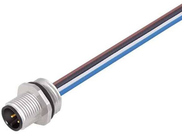 Ein rundes, metallisches Steckverbinder mit mehreren bunten Kabeln: schwarz, rot, blau und weiß. Geeignet für elektronische Verbindungen.
