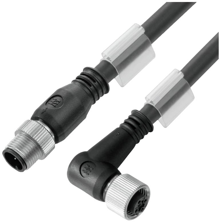 Zwei schwarze elektrische Steckverbinder mit metallischen Schraubverschlüssen, parallel zueinander, verbunden durch Kabel.