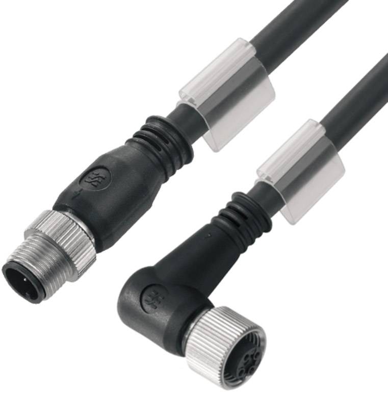 Zwei schwarze Kabel mit Metallsteckern, eines gerade, das andere im rechten Winkel, geeignet für industrielle Anwendungen.