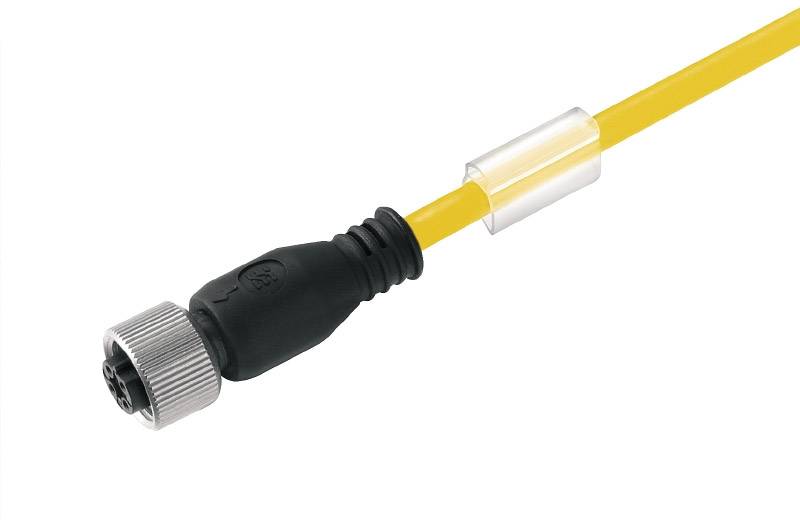 Gelbes Kabel mit schwarzem, metallverstärktem Stecker und durchsichtigem Schutzschlauch.