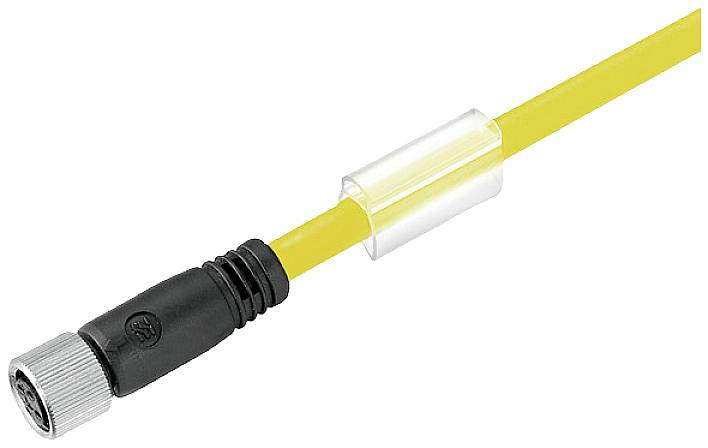 Ein gelbes elektrisches Kabel mit einem schwarzen Stecker und einer durchsichtigen Kunststoffhülse, das für industrielle Anwendungen geeignet ist.