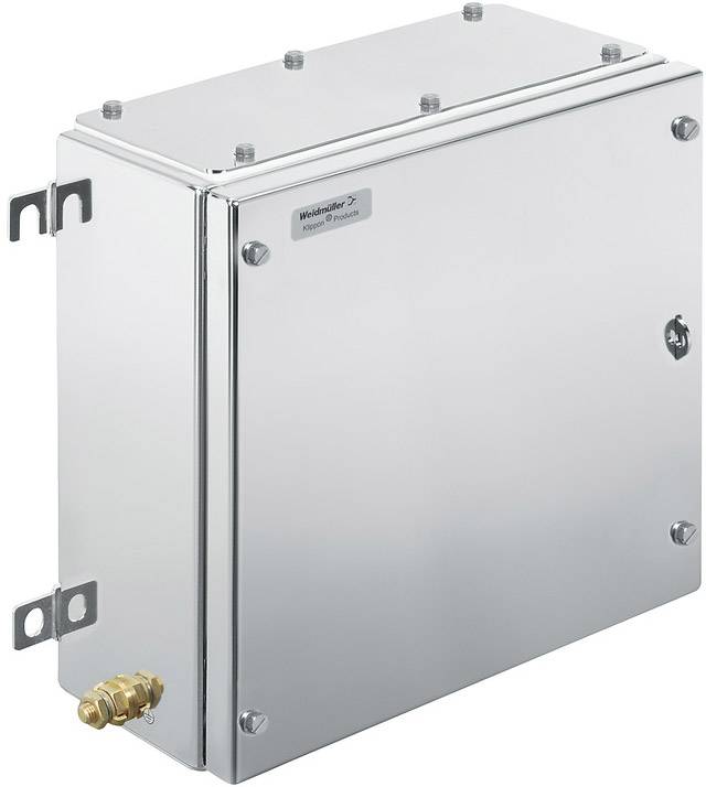 Metallisches Schutzgehäuse mit Schraubverbindungen und Wandhalterungen, möglich für industrielle oder technische Anwendungen.