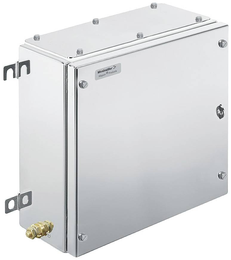 Metallener Elektrokasten mit Schraubverschlüssen, seitlichen Halterungen und einer Kabelverschraubung an der Unterseite.