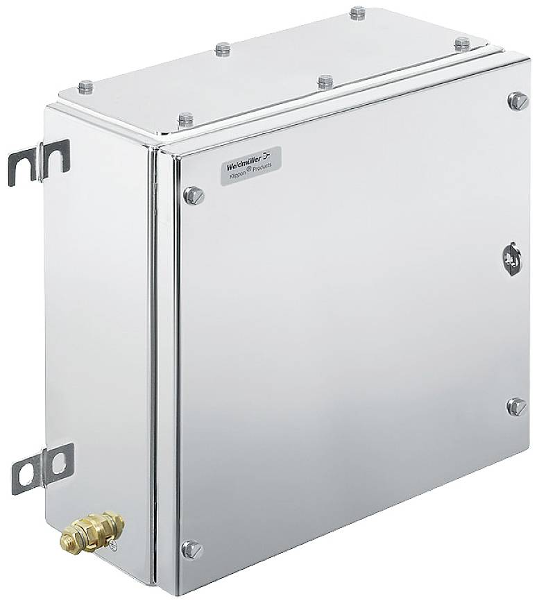 Metallisches Gehäuse mit rechteckiger Form und sichtbaren Schrauben an den Seiten. An der Unterseite befindet sich ein Messinganschluss.