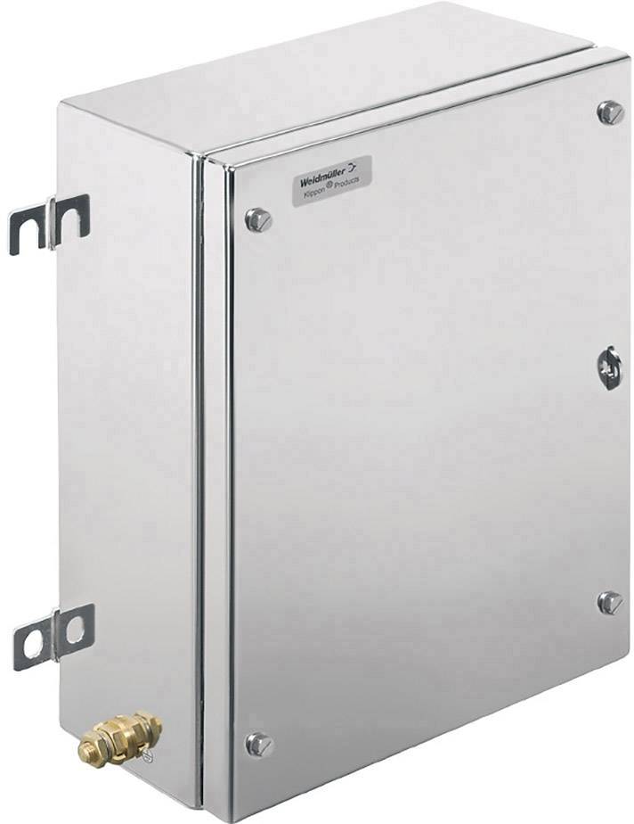 Metallischer Schaltschrank mit Drehverschlüssen an der Seite und einer Anschlussöffnung unten. Geeignet für industrielle Anwendungen.