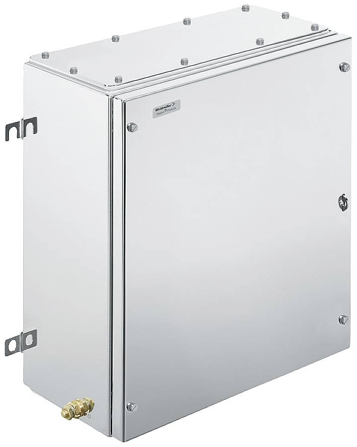 Metallener Schaltkasten mit verriegelbarer Tür und Befestigungselementen an den Seiten. Geeignet für industrielle Anwendungen.