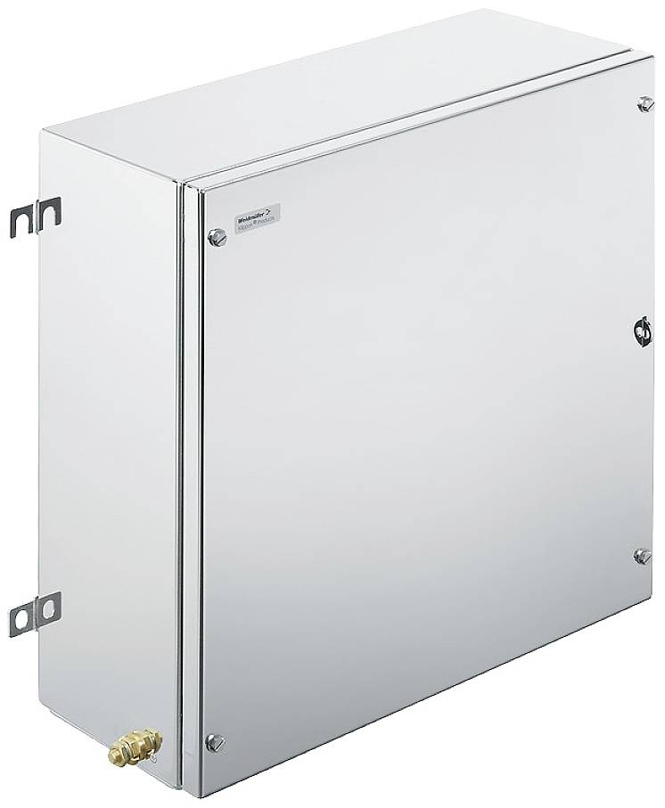 Metallischer Schaltschrank, rechteckig und silbern, mit Seitenbefestigungen und einem kleinen Anschluss unten links.
