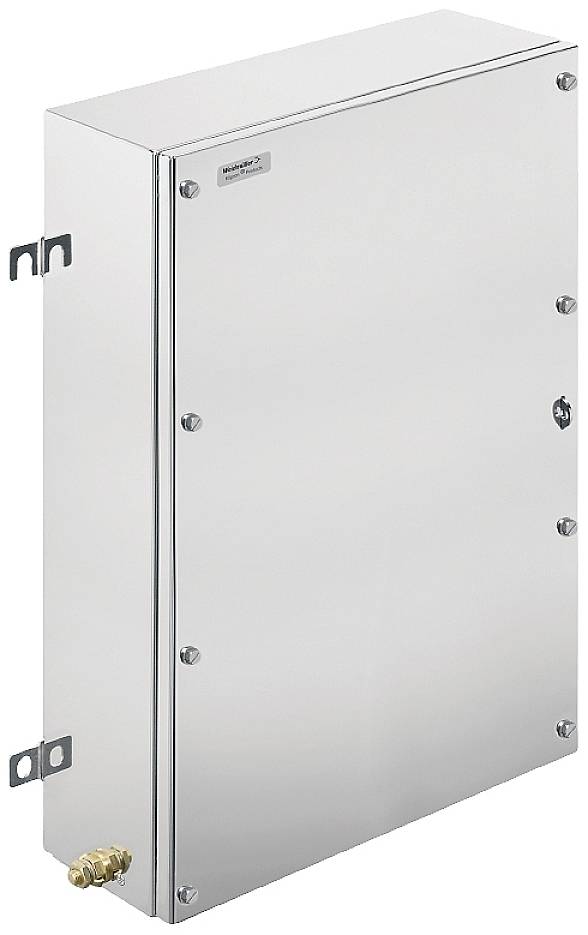 Elektro-Metallgehäuse aus Edelstahl mit verschraubtem Deckel, geeignet für industrielle Anwendungen, Schutz vor Staub und Feuchtigkeit.