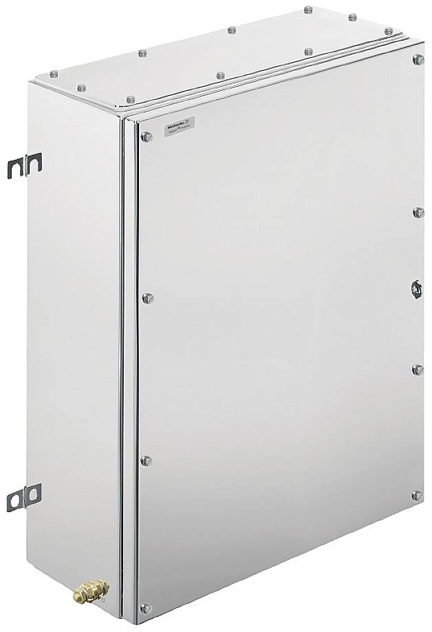 Ein rechteckiges, metallic glänzendes Gehäuse mit Schraubverschlüssen an den Ecken. Geeignet für industrielle Anwendungen.