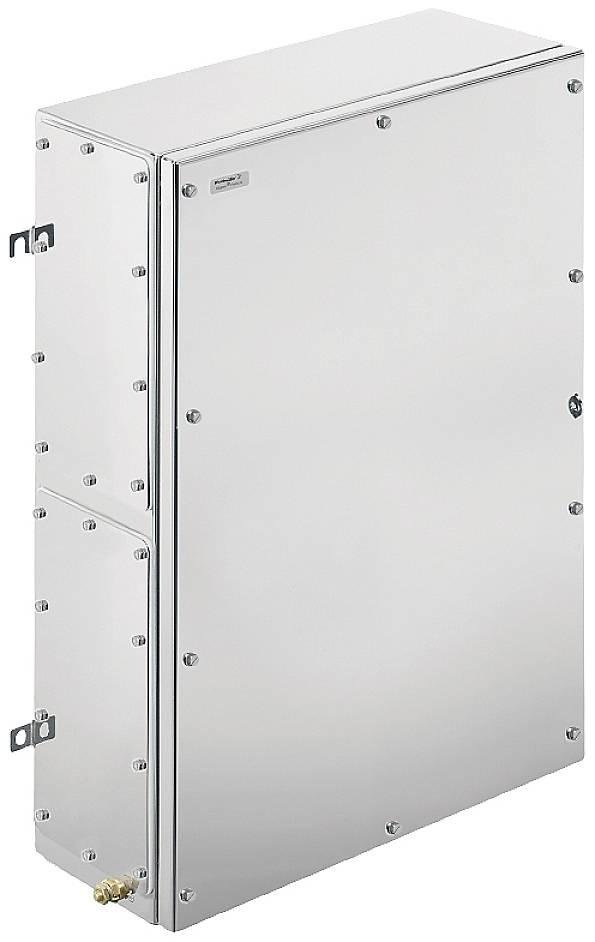 Ein rechteckiger, silberner Metallschrank mit mehreren Schrauben und einer kleinen Befestigung oben an der Seite.