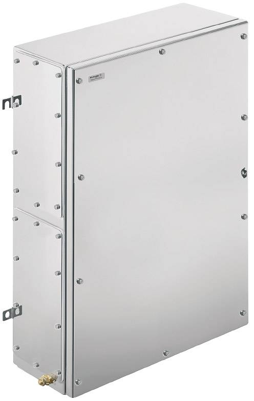 Metallischer Schaltkasten mit rechteckiger Form, zahlreichen Schraubverschlüssen und einer glatten Oberfläche zur industriellen Nutzung.
