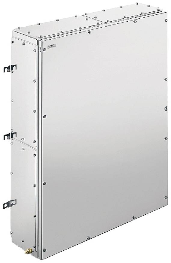 Ein rechteckiges, silbernes Metallgehäuse mit Schrauben an den Rändern. Es hat Halterungen an den Seiten und ist funktional gestaltet.
