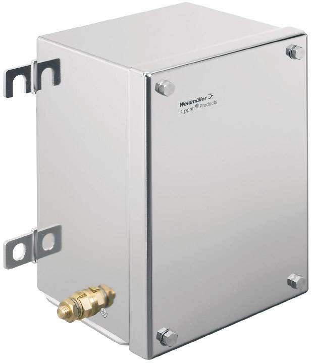 Metallisches Schutzgehäuse von Weidmüller für elektrische Komponenten, zeigt robustes Design mit Montageelementen und Messinganschluss.