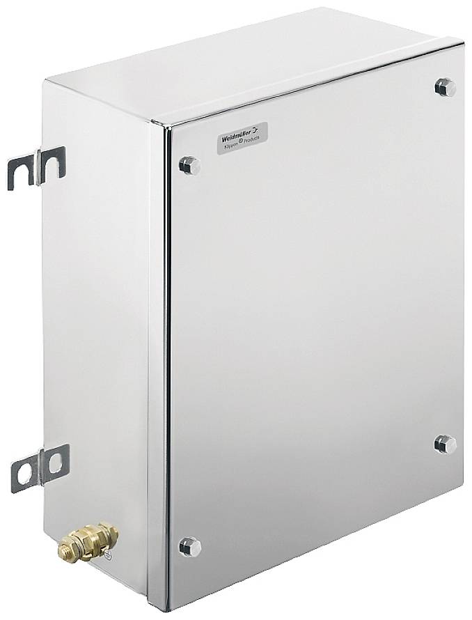 Ein rechteckiger, metallischer Verteilerkasten mit glänzender Oberfläche und einem Messinganschluss an der unteren Ecke.