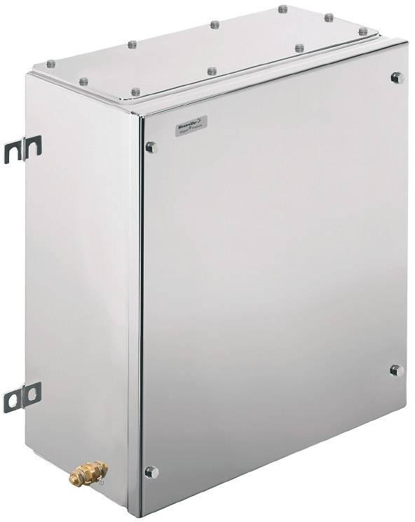 Rechteckiger metallischer Schaltschrank mit einer glänzenden Oberfläche. Geeignet für industrielle Anwendungen.