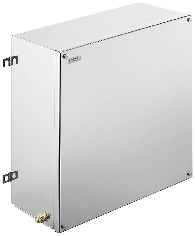 Metallischer Wandschrank mit Verschluss und Befestigungslaschen, geeignet für den Außenbereich.