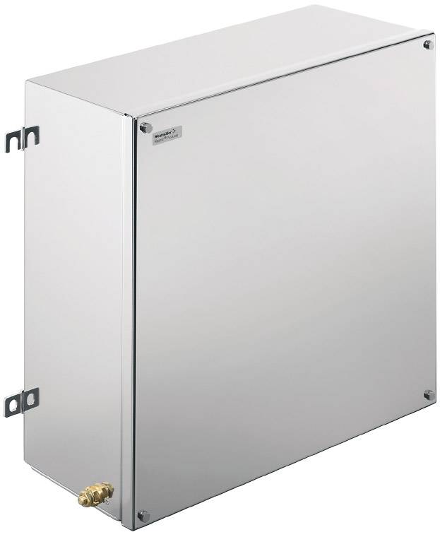 Silberner, rechteckiger Metallkasten mit abgerundeten Ecken. Oben rechts kleines Schild. Links unten ein Metallanschluss.