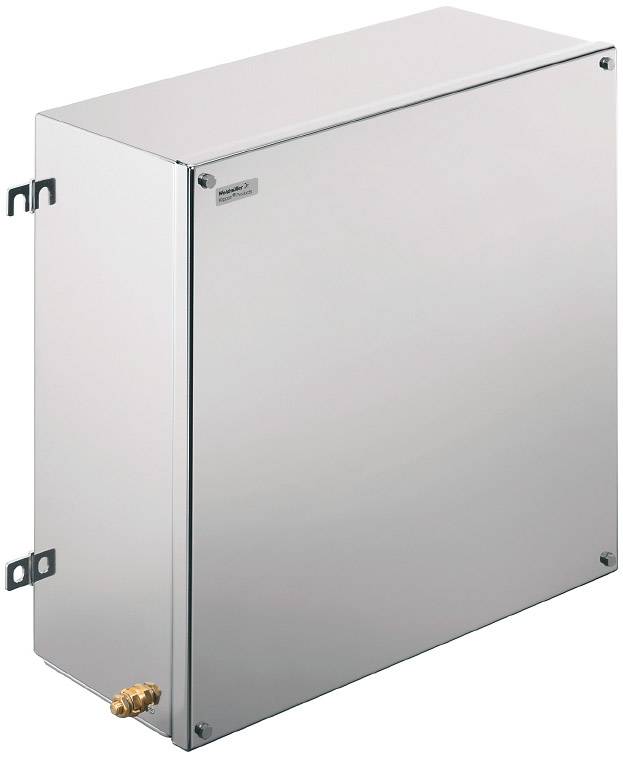 Metallschrank mit rechteckiger Form, silbernem Finish und Befestigungselementen an der linken Seite. Geeignet für industrielle Anwendungen.