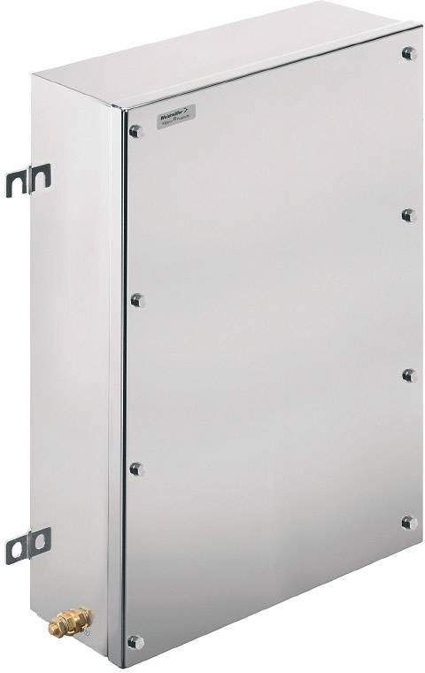 Metallgehäuse mit rechteckiger Form und Schrauben an den Rändern. An der linken unteren Ecke befindet sich eine Anschlussmutter.
